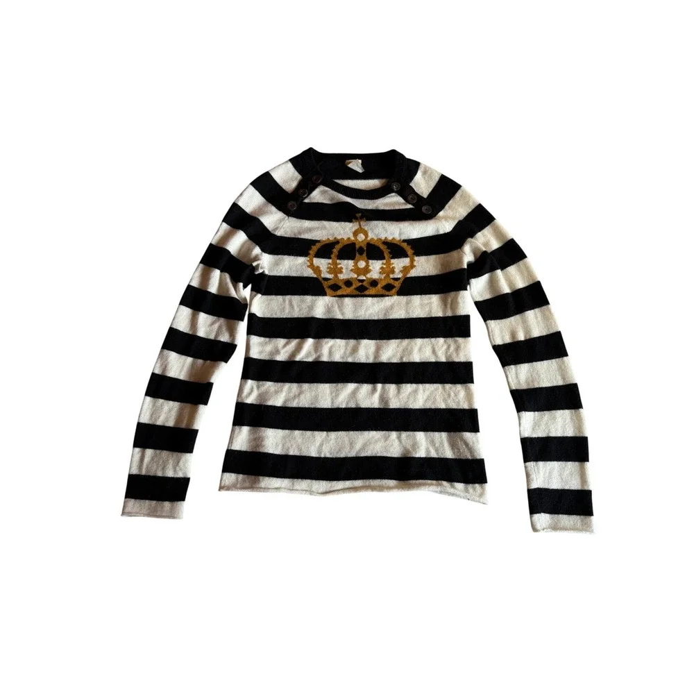 J.Crew 100%‎ Cashmere Striped Crown Sweater Black White Gold Button Shoulder S